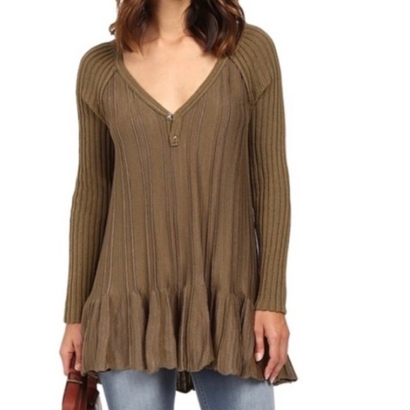 Free People Olive Green Ribbed Tunic Sweater XS Extra Small Casual Boho - Picture 1 of 6